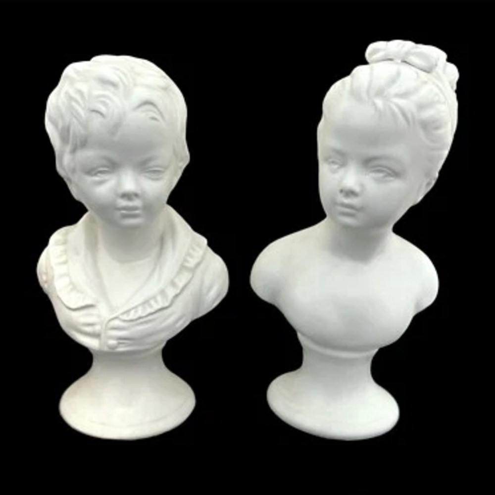Japan Vintage White Ceramic  Boy & Girl Bust Figurines 9” .